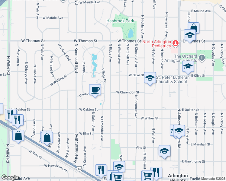 map of restaurants, bars, coffee shops, grocery stores, and more near 516 West Clarendon Street in Arlington Heights