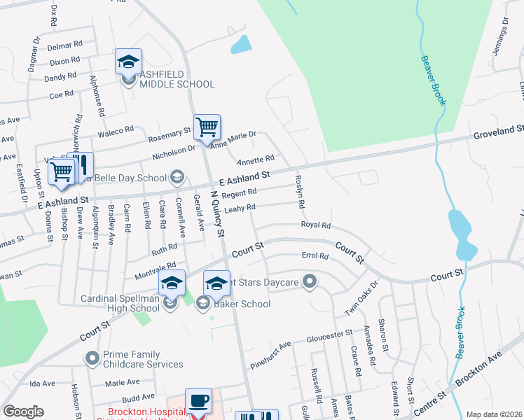 map of restaurants, bars, coffee shops, grocery stores, and more near 55 Leahy Road in Brockton
