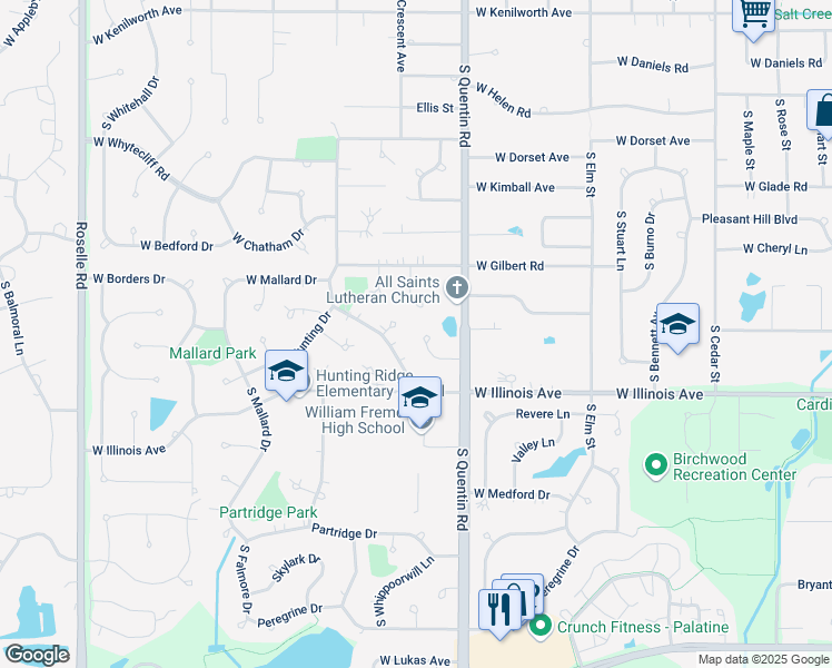 map of restaurants, bars, coffee shops, grocery stores, and more near 829 West Exner Court in Palatine