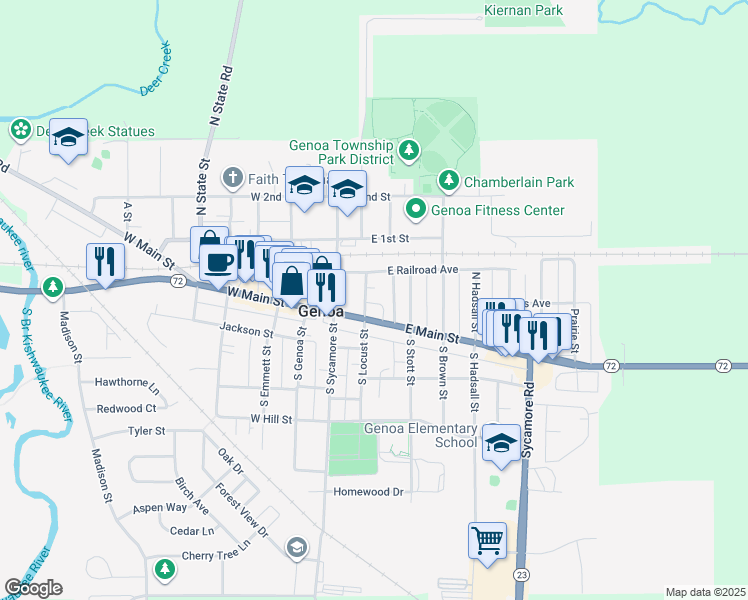 map of restaurants, bars, coffee shops, grocery stores, and more near 118 North Locust Street in Genoa