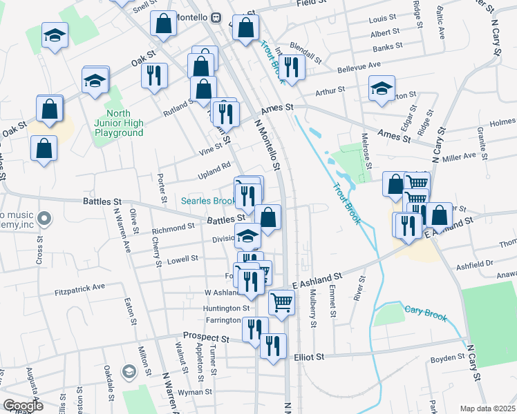 map of restaurants, bars, coffee shops, grocery stores, and more near 34 East Main Street in Brockton