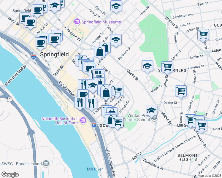 map of restaurants, bars, coffee shops, grocery stores, and more near 49 Central Street in Springfield