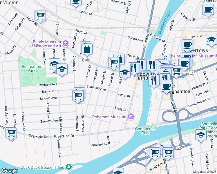 map of restaurants, bars, coffee shops, grocery stores, and more near 22 Seminary Avenue in Binghamton