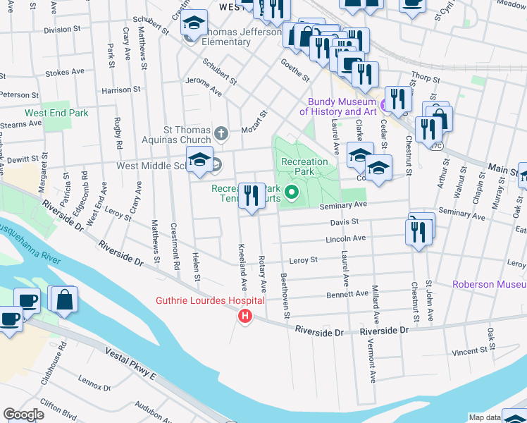 map of restaurants, bars, coffee shops, grocery stores, and more near 66 Rotary Avenue in Binghamton