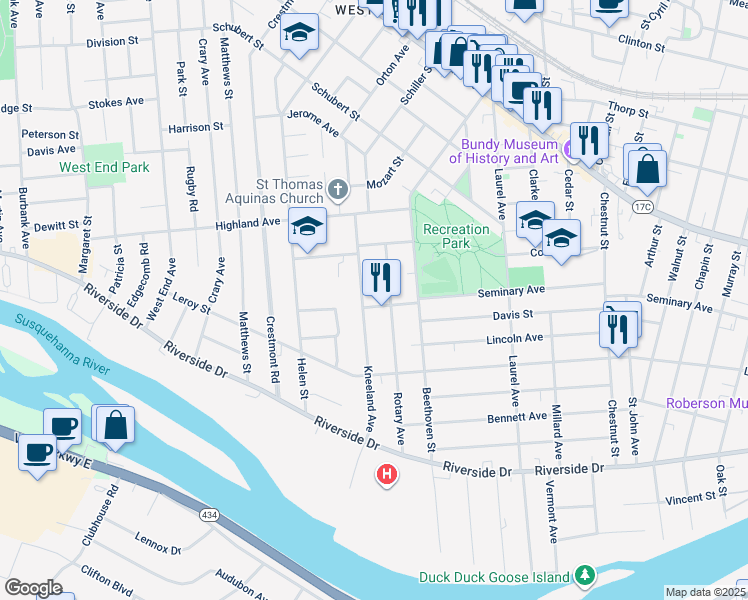 map of restaurants, bars, coffee shops, grocery stores, and more near 69 Kneeland Avenue in Binghamton