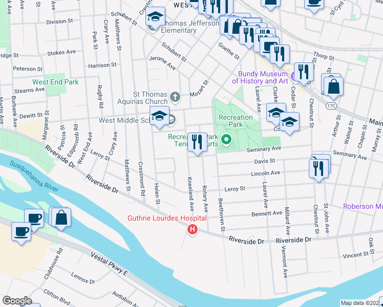 map of restaurants, bars, coffee shops, grocery stores, and more near 69 Kneeland Avenue in Binghamton