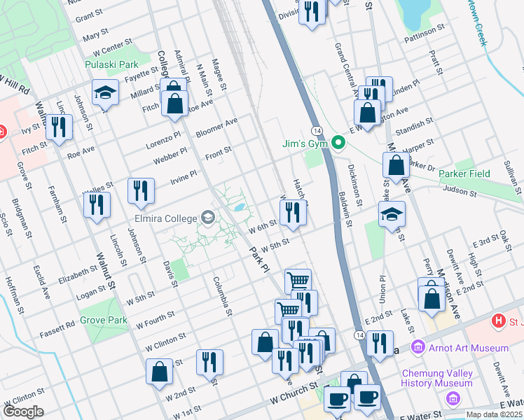 map of restaurants, bars, coffee shops, grocery stores, and more near 812 North Main Street in Elmira