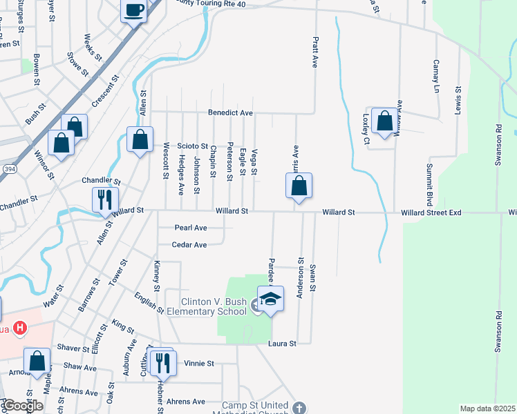 map of restaurants, bars, coffee shops, grocery stores, and more near 337 Willard Street in Jamestown