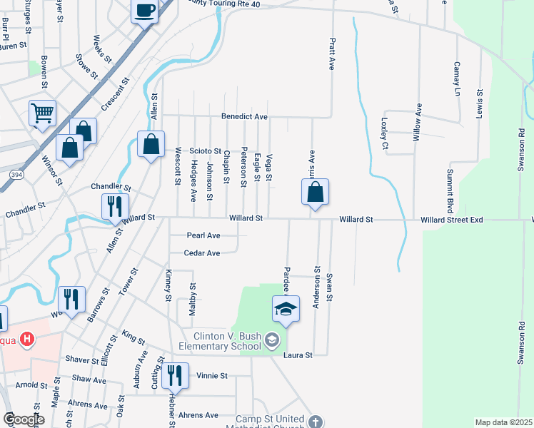 map of restaurants, bars, coffee shops, grocery stores, and more near 337 Willard Street in Jamestown