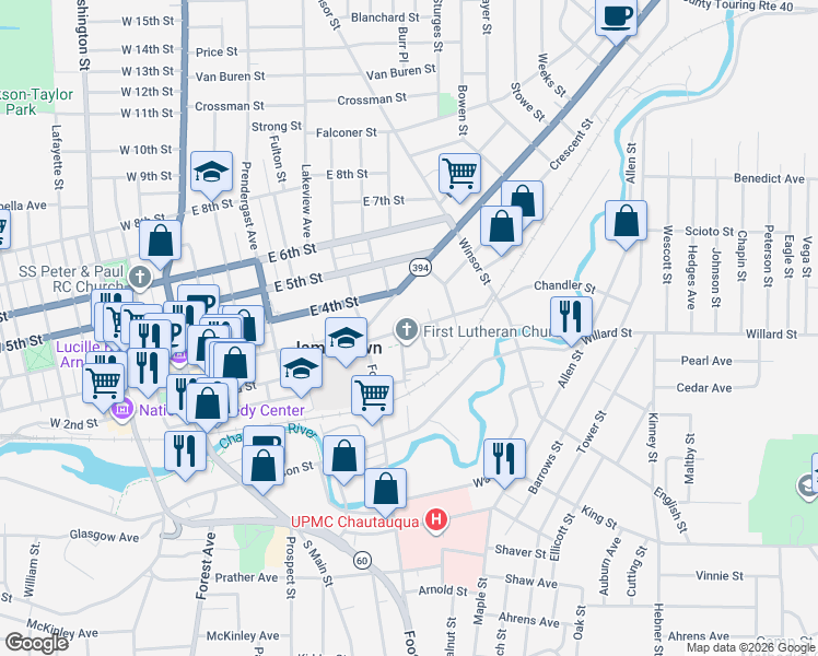map of restaurants, bars, coffee shops, grocery stores, and more near 117 Chandler Street in Jamestown