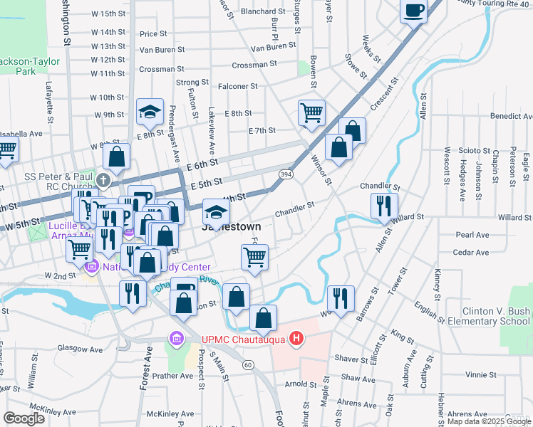 map of restaurants, bars, coffee shops, grocery stores, and more near 117 Chandler Street in Jamestown