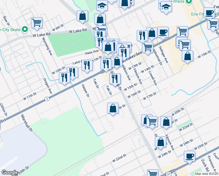 map of restaurants, bars, coffee shops, grocery stores, and more near 1404 Peninsula Dr in Erie