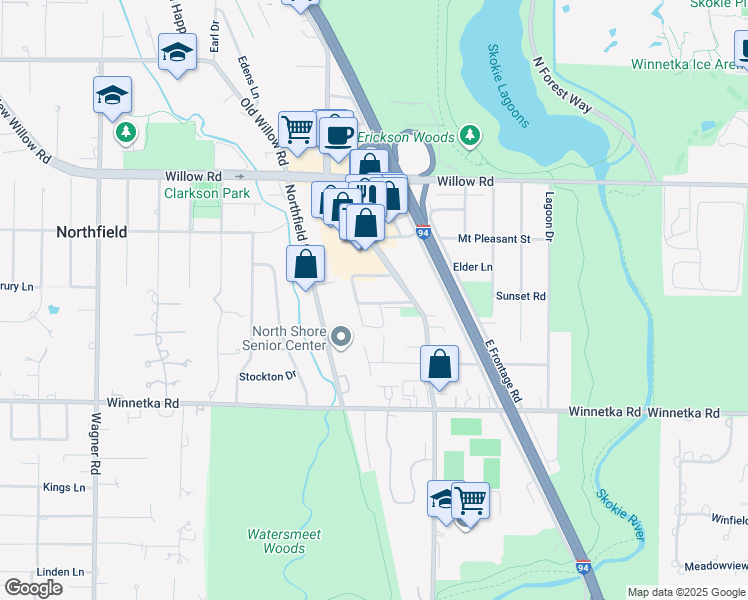 map of restaurants, bars, coffee shops, grocery stores, and more near 1721 Northfield Square in Northfield