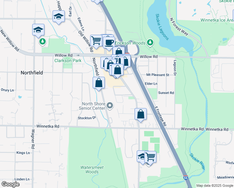 map of restaurants, bars, coffee shops, grocery stores, and more near 1721 Northfield Square in Northfield