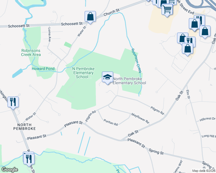 map of restaurants, bars, coffee shops, grocery stores, and more near 72 Pilgrim Road in Pembroke