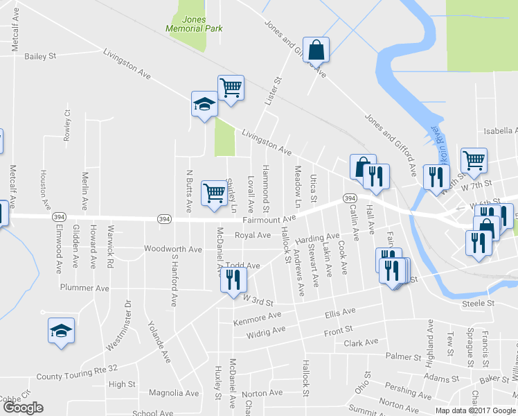 map of restaurants, bars, coffee shops, grocery stores, and more near 11 Hammond Street in Jamestown