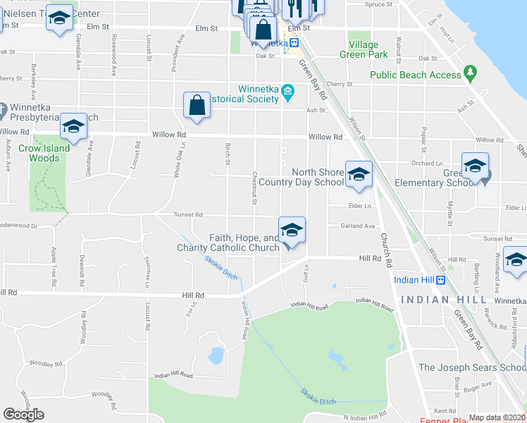 map of restaurants, bars, coffee shops, grocery stores, and more near 811 Sunset Road in Winnetka