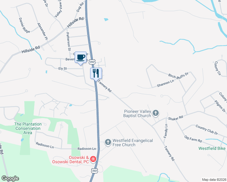 map of restaurants, bars, coffee shops, grocery stores, and more near 34 Tannery Road in Westfield