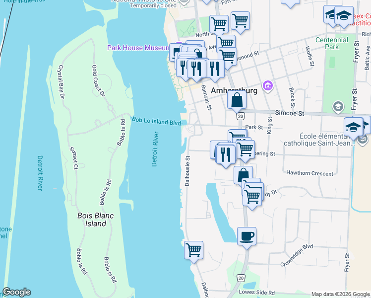 map of restaurants, bars, coffee shops, grocery stores, and more near 370 Dalhousie Street in Amherstburg