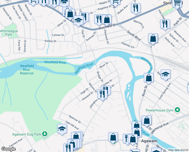 map of restaurants, bars, coffee shops, grocery stores, and more near 2-32 Church Street in Agawam