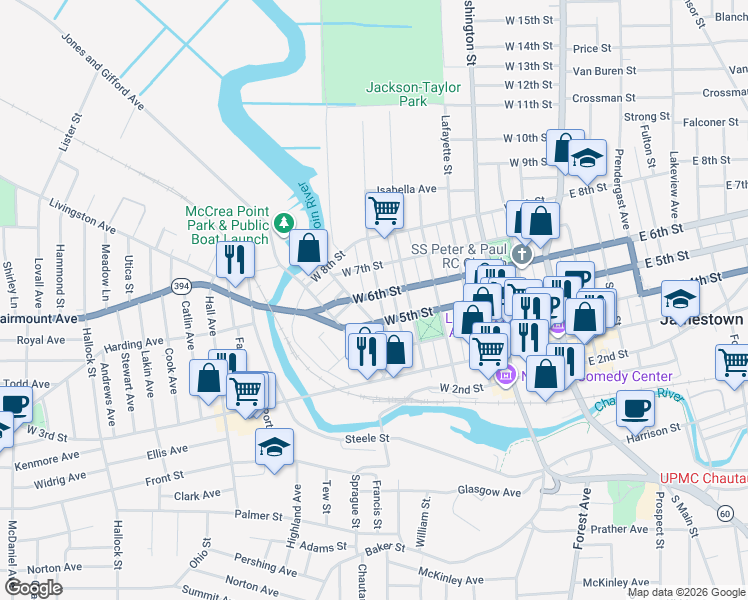 map of restaurants, bars, coffee shops, grocery stores, and more near 515 Monroe Street in Jamestown