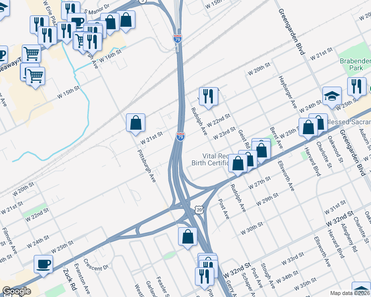 map of restaurants, bars, coffee shops, grocery stores, and more near 2037 W 23rd St in Erie