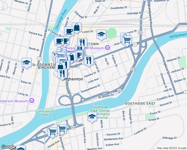 map of restaurants, bars, coffee shops, grocery stores, and more near 120 Hawley Street in Binghamton