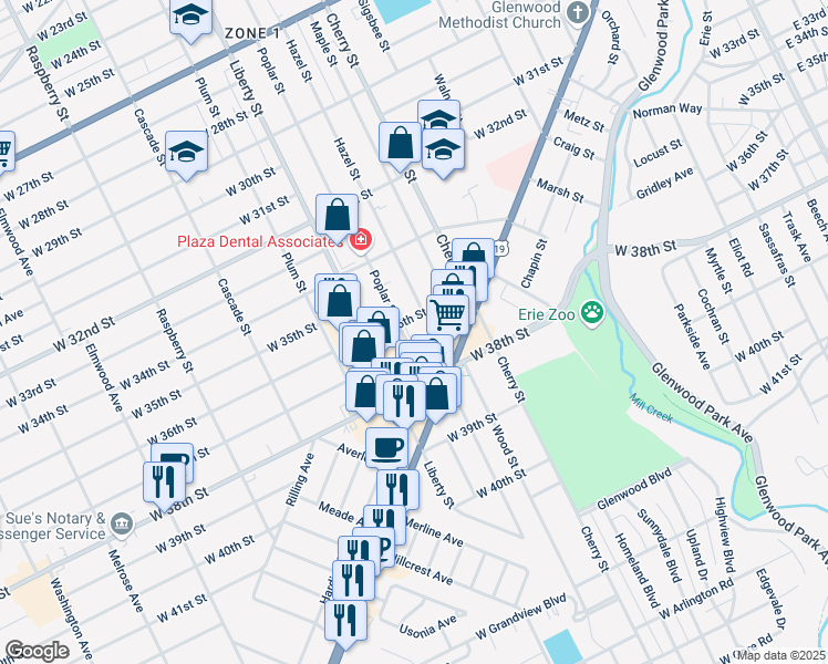 map of restaurants, bars, coffee shops, grocery stores, and more near 3607 Poplar Street in Erie