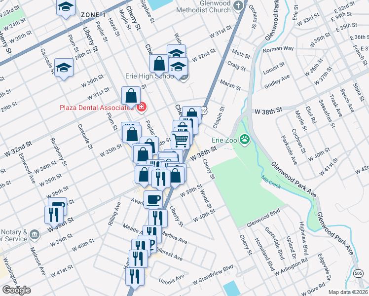 map of restaurants, bars, coffee shops, grocery stores, and more near 3632 Maple Street in Erie