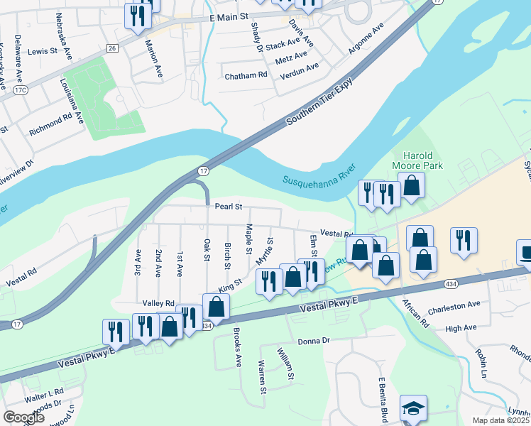 map of restaurants, bars, coffee shops, grocery stores, and more near 1918 Pearl Street in Vestal