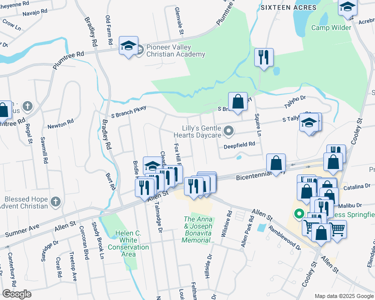 map of restaurants, bars, coffee shops, grocery stores, and more near 72 West Crystal Brook Drive in Springfield