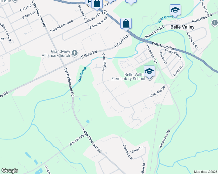 map of restaurants, bars, coffee shops, grocery stores, and more near 5183 Cider Mill Road in Erie