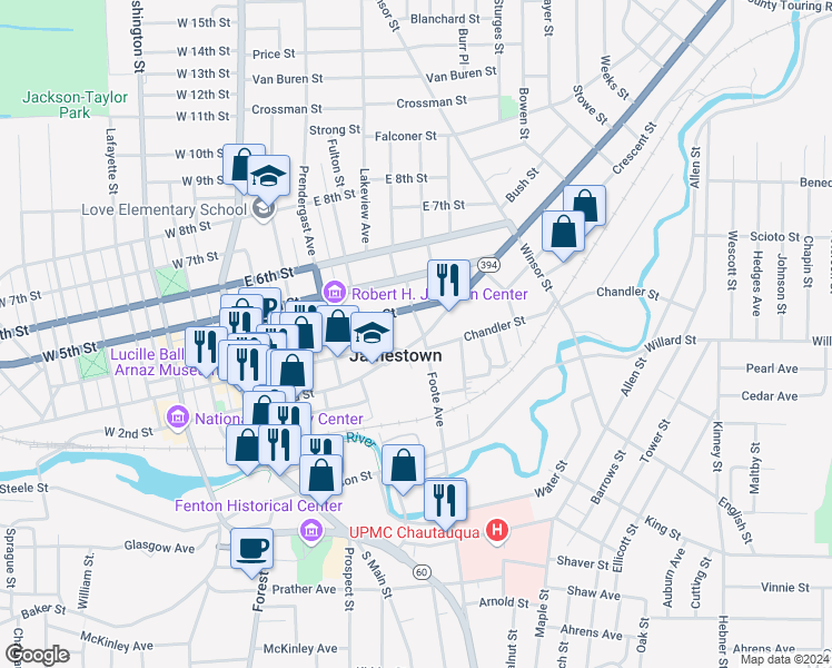 map of restaurants, bars, coffee shops, grocery stores, and more near 421 Foote Avenue in Jamestown