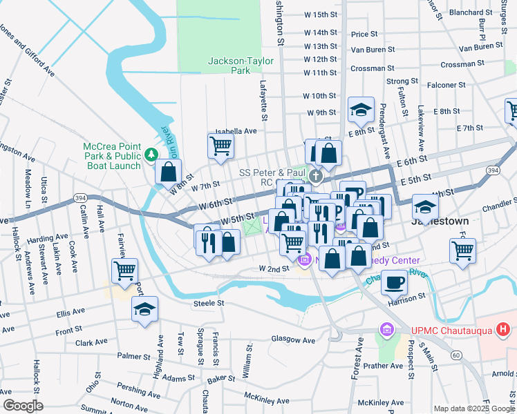 map of restaurants, bars, coffee shops, grocery stores, and more near 511-513 Lafayette Street in Jamestown