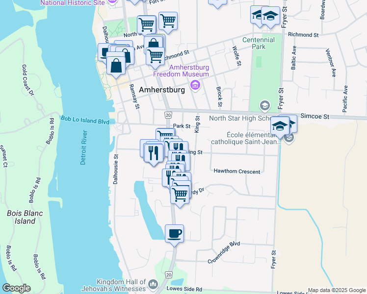 map of restaurants, bars, coffee shops, grocery stores, and more near 182 Pickering Drive in Amherstburg