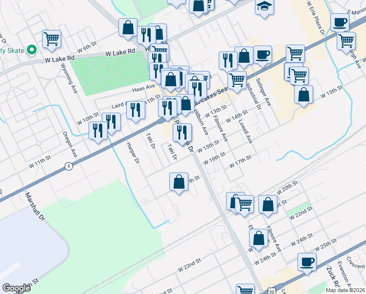 map of restaurants, bars, coffee shops, grocery stores, and more near 1404 Peninsula Drive in Erie