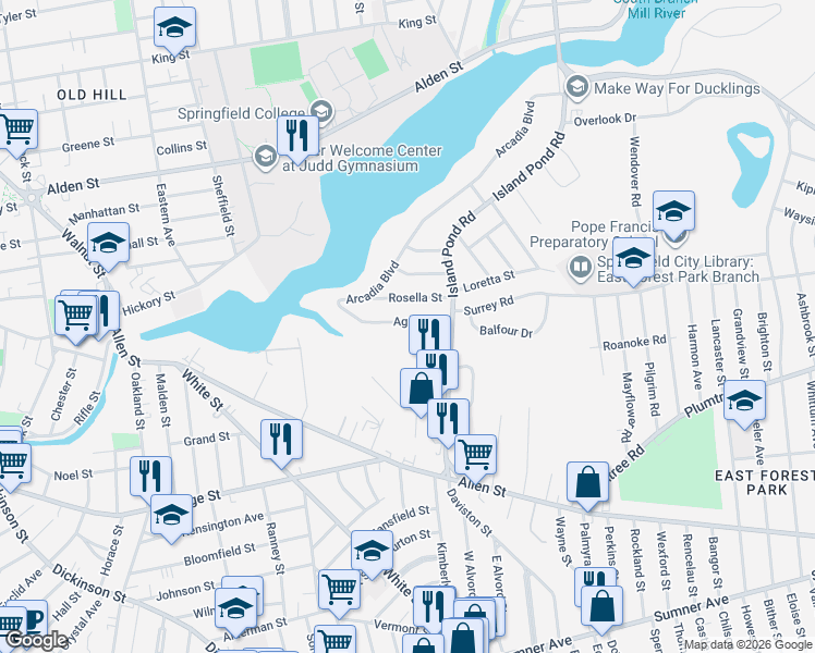 map of restaurants, bars, coffee shops, grocery stores, and more near 33 Agnes Street in Springfield