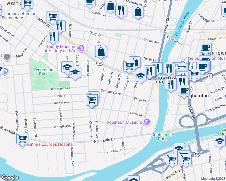 map of restaurants, bars, coffee shops, grocery stores, and more near 28 Seminary Avenue in Binghamton