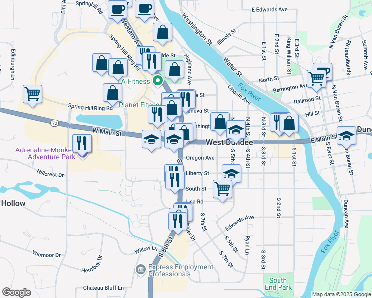 map of restaurants, bars, coffee shops, grocery stores, and more near 726 Oregon Avenue in West Dundee