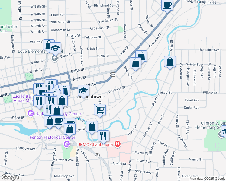 map of restaurants, bars, coffee shops, grocery stores, and more near Chandler Street & Elk Street in Jamestown