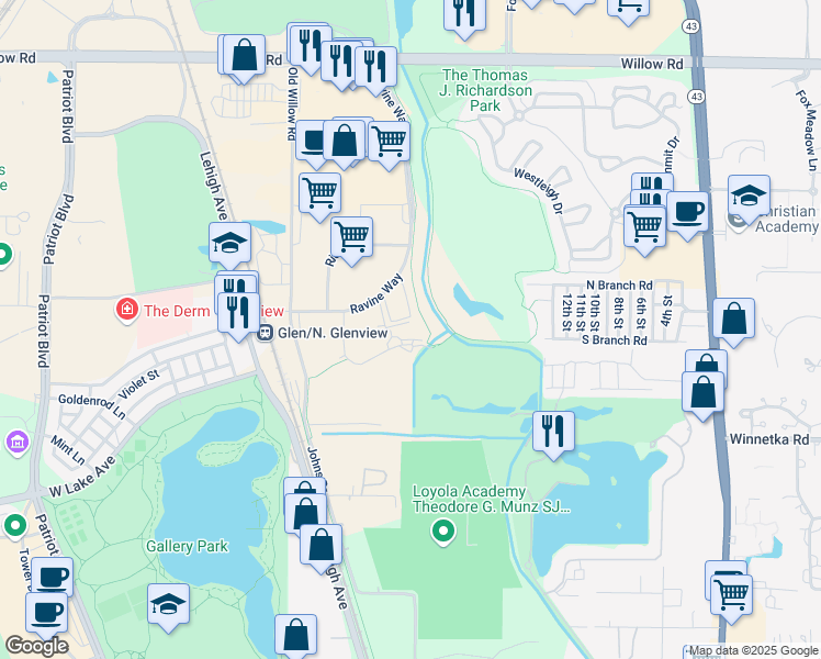 map of restaurants, bars, coffee shops, grocery stores, and more near 2050 Claire Court in Glenview