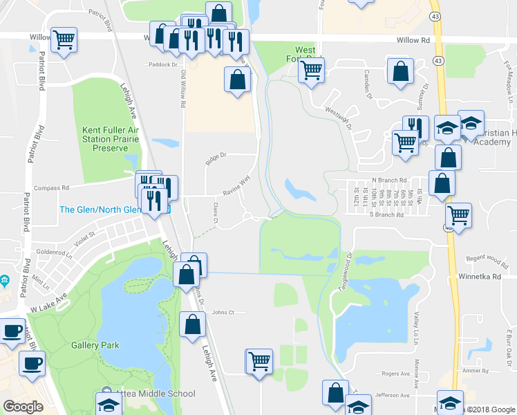 map of restaurants, bars, coffee shops, grocery stores, and more near 2050 Claire Court in Glenview