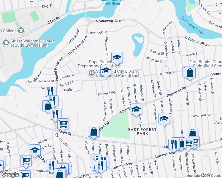 map of restaurants, bars, coffee shops, grocery stores, and more near 100 Roanoke Road in Springfield