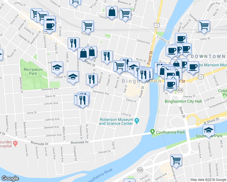 map of restaurants, bars, coffee shops, grocery stores, and more near 93 Murray Street in Binghamton