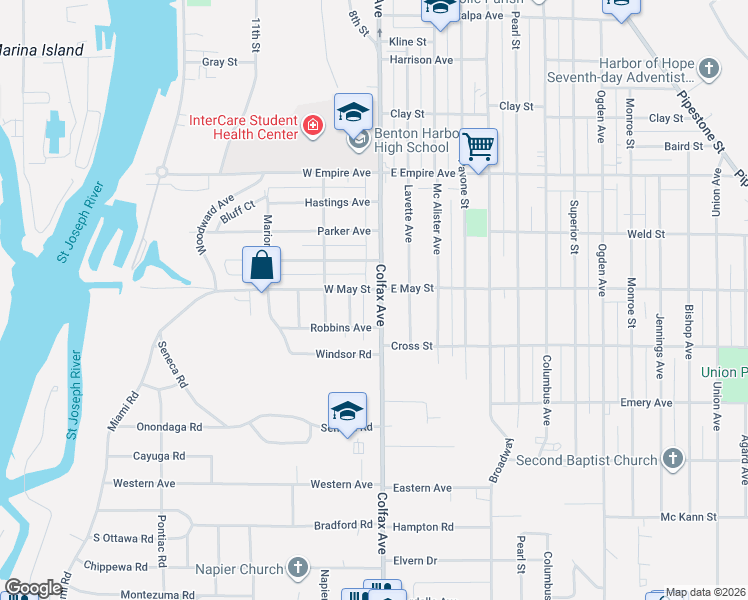 map of restaurants, bars, coffee shops, grocery stores, and more near 1135 Hannah Court in Benton Harbor
