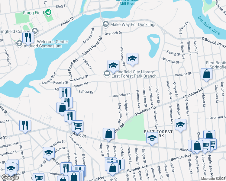 map of restaurants, bars, coffee shops, grocery stores, and more near 147 Quaker Road in Springfield