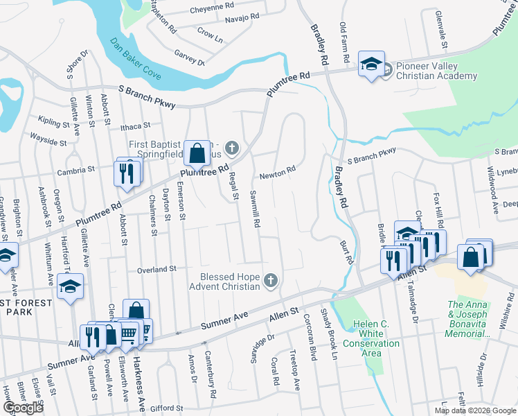 map of restaurants, bars, coffee shops, grocery stores, and more near 97 Sawmill Road in Springfield