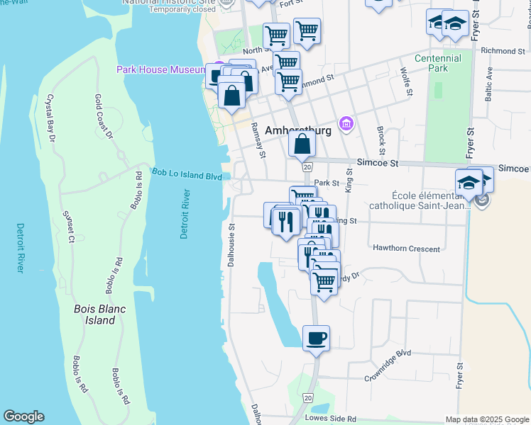map of restaurants, bars, coffee shops, grocery stores, and more near 120 Pickering Drive in Amherstburg