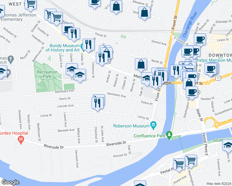 map of restaurants, bars, coffee shops, grocery stores, and more near 36 Seminary Avenue in Binghamton