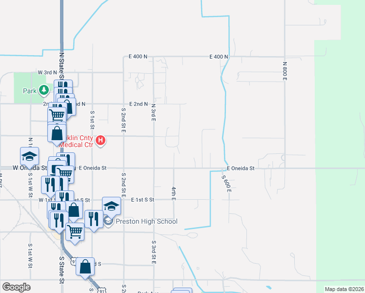map of restaurants, bars, coffee shops, grocery stores, and more near 451 East Oneida Street in Preston